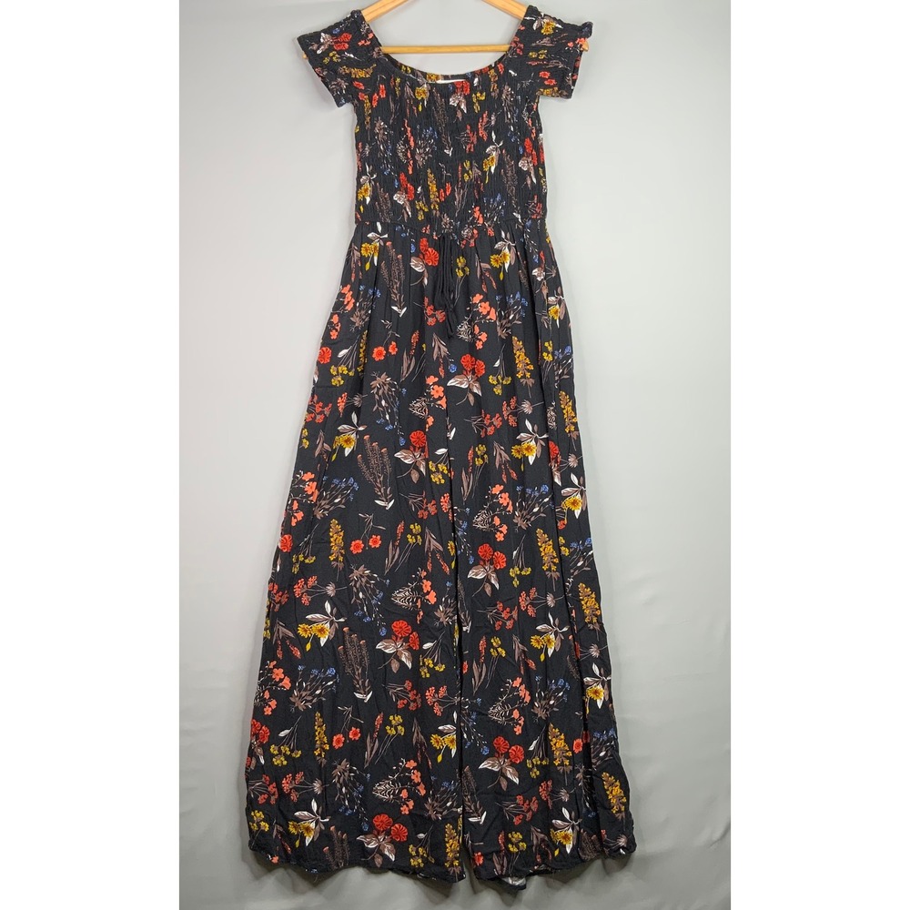Band of Gypsies Women's Floral Print Maxi Jumpsuit Black Boho Medium M